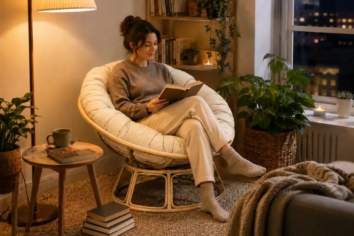 Cozy reading corner with a woman reading in a cushioned lounge chair beside a floor lamp and indoor plants