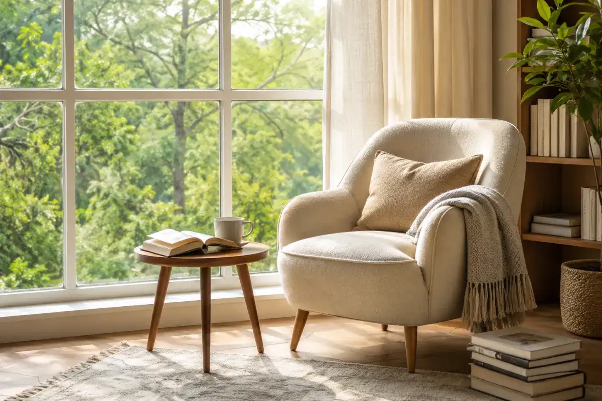 Reading corner by a large window with a cushioned armchair, side table, open book, and natural greenery outside