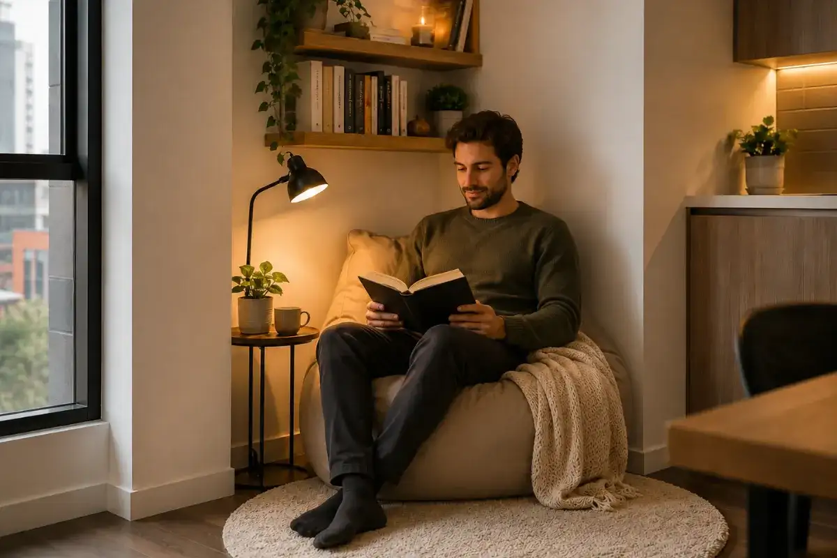Small reading corner with a bean bag chair, wall shelves, reading lamp, and a man reading a book