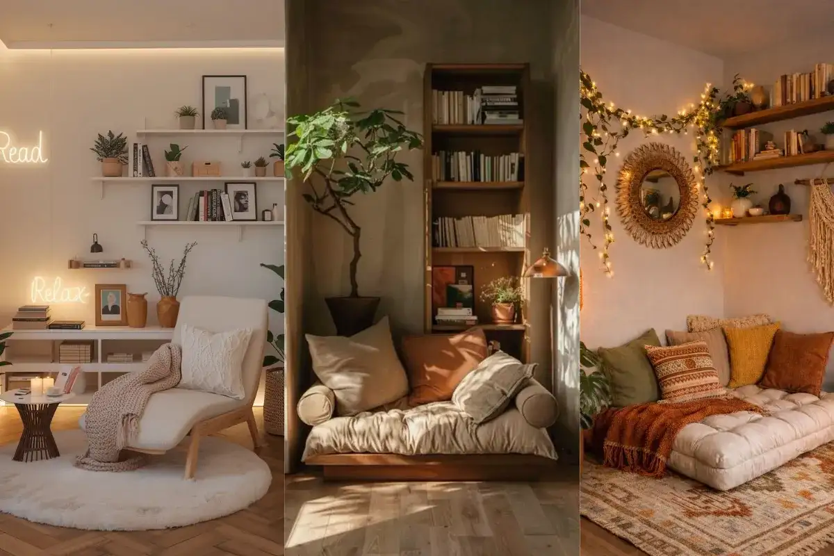 Three reading corner styles including minimalist, vintage, and Boho spaces with soft seating, shelves, plants, and warm lighting
