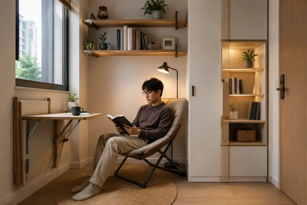 Small apartment reading corner with a compact lounge chair, wall shelves, folding desk, reading lamp, and indoor plants