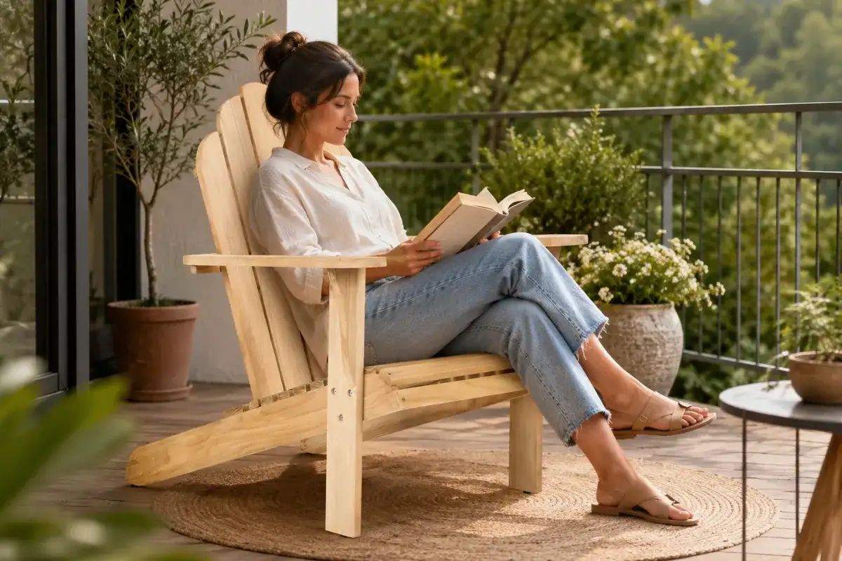 Woman reading on a wooden outdoor lounge chair on a balcony surrounded by greenery