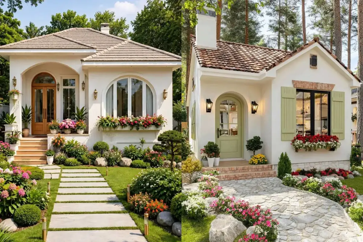 Hai mẫu nhà cấp 4 với bồn hoa nhiều màu trước hiên, dọc lối đi và dưới cửa sổ.