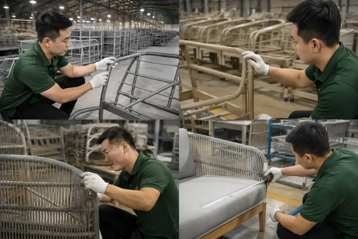 Quality inspection of frames, weaving, welding, and cushions before shipment