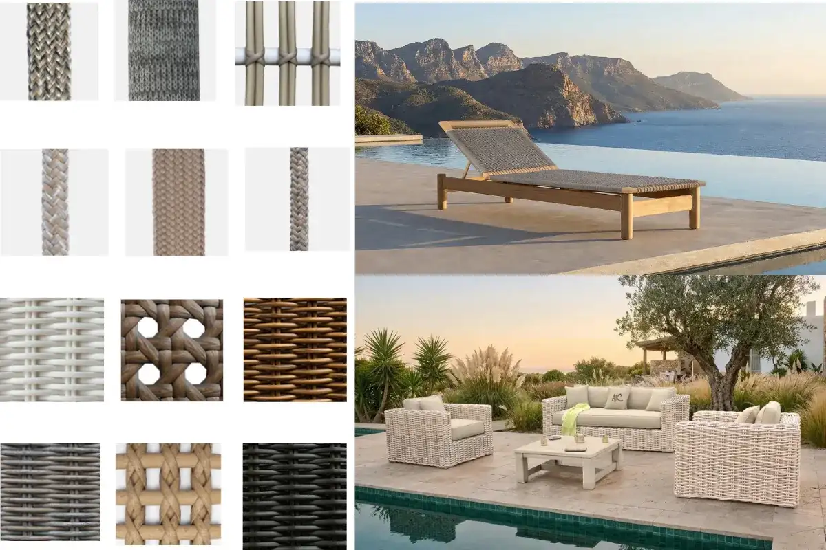 HDPE wicker and outdoor rope material samples with hospitality furniture applications