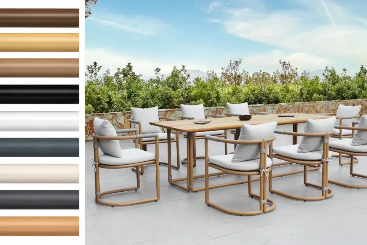 Powder-coated aluminum outdoor dining furniture for commercial hospitality spaces