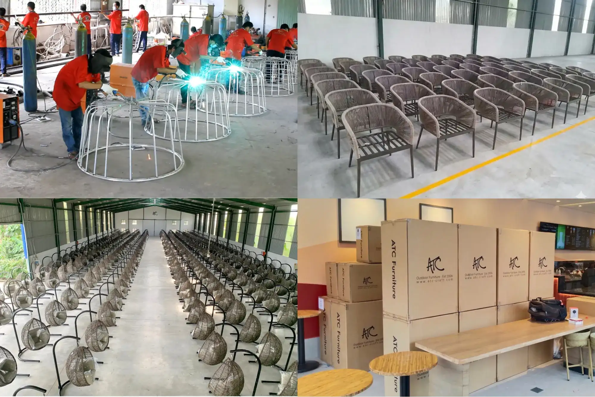 ATC Furniture production and logistics overview showing metal frame welding, finished wicker chairs lined in the factory, large-scale assembly area, and export-ready packaging cartons.