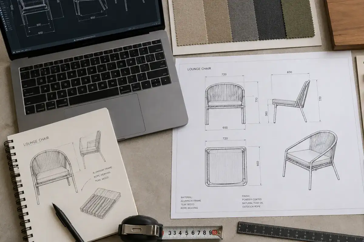 CAD drawings, material samples, and specifications for furniture manufacturing
