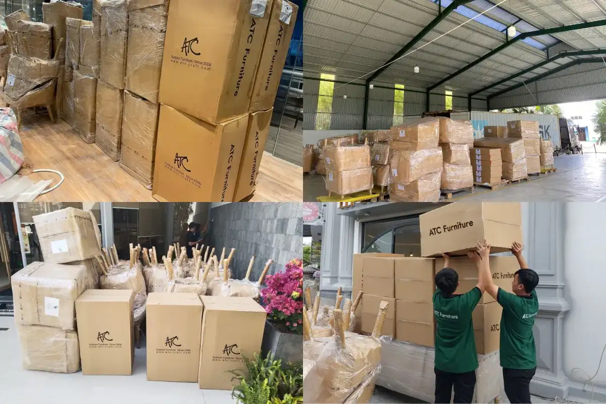 Outdoor furniture export packaging prepared for international shipment by ATC Furniture