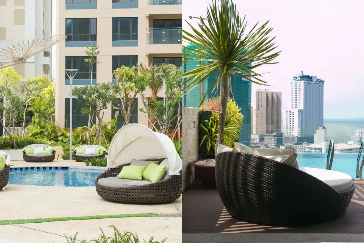 HDPE synthetic wicker sun loungers and round poolside chairs with canopies, set beside a pool in a modern resort with lush greenery.