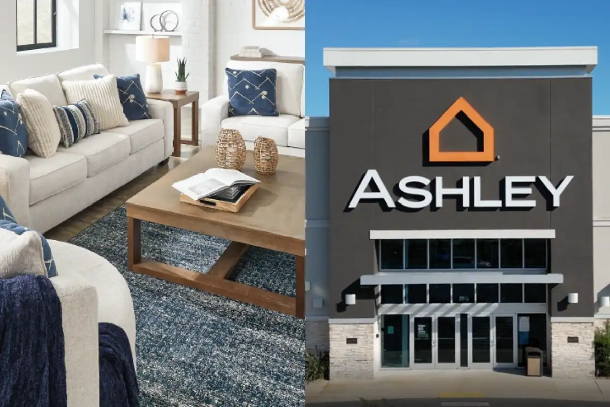 Modern living room interior and storefront of Ashley Furniture HomeStore in the US.