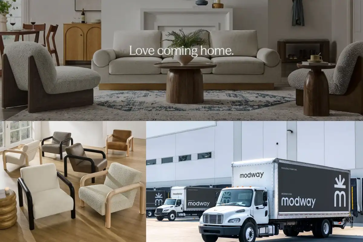 Modern sofas and chairs in a living space alongside Modway’s trucks and warehouse for furniture transport.