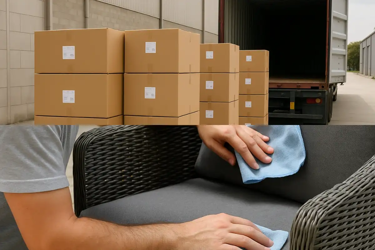 Packaged goods ready to be loaded into a container truck, with staff cleaning and maintaining outdoor sofas.