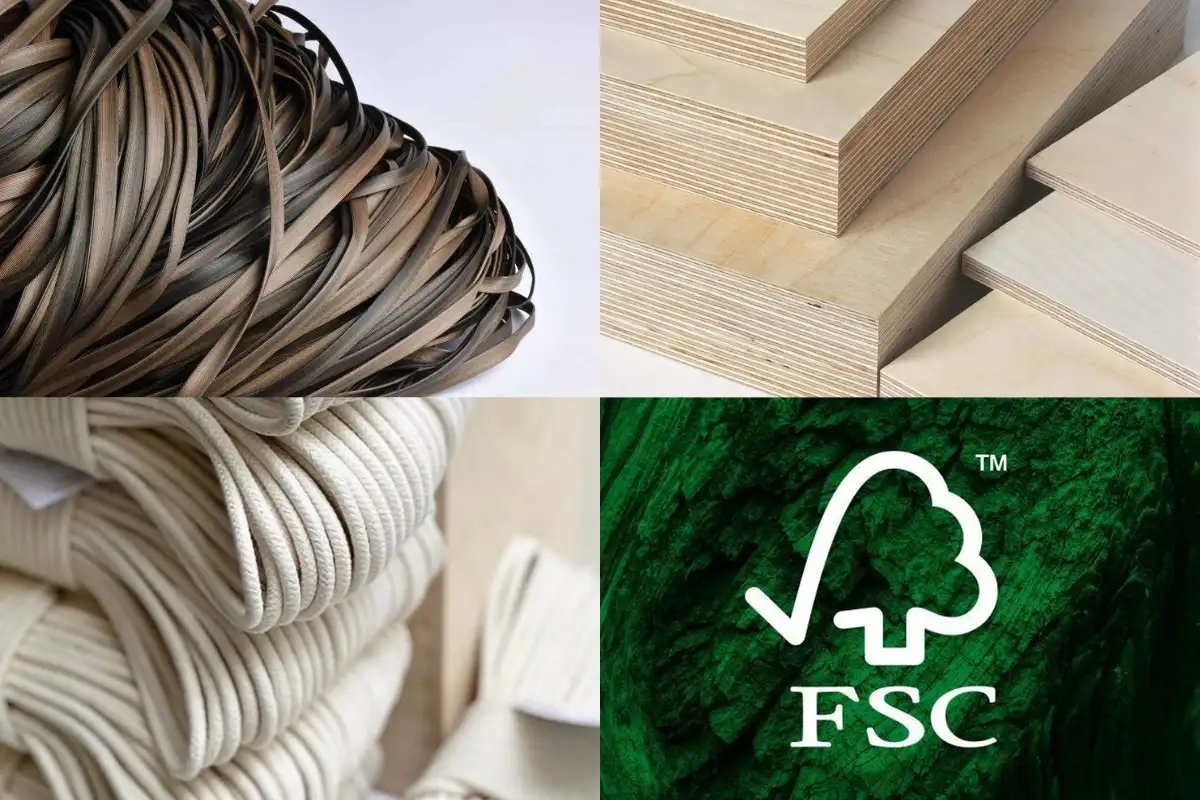 Eco-friendly materials including HDPE wicker, plywood, synthetic ropes, and rolled synthetic wicker used in outdoor furniture production.