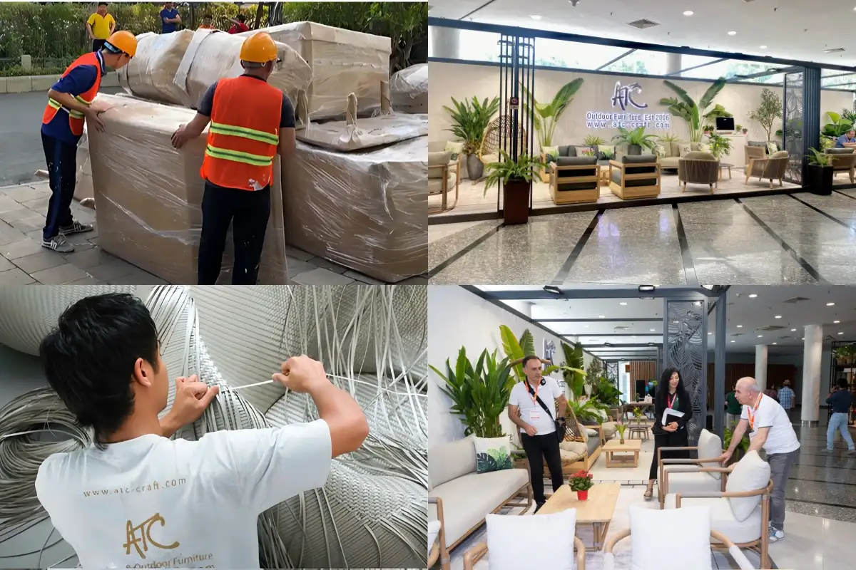Production, packaging, and showroom display of outdoor furniture at ATC Furniture, showcasing professionalism and customer care.