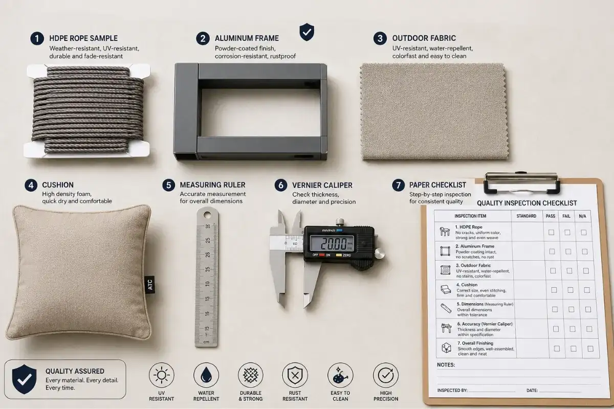 Checklist for evaluating outdoor furniture materials, aluminum frames, and quality control process