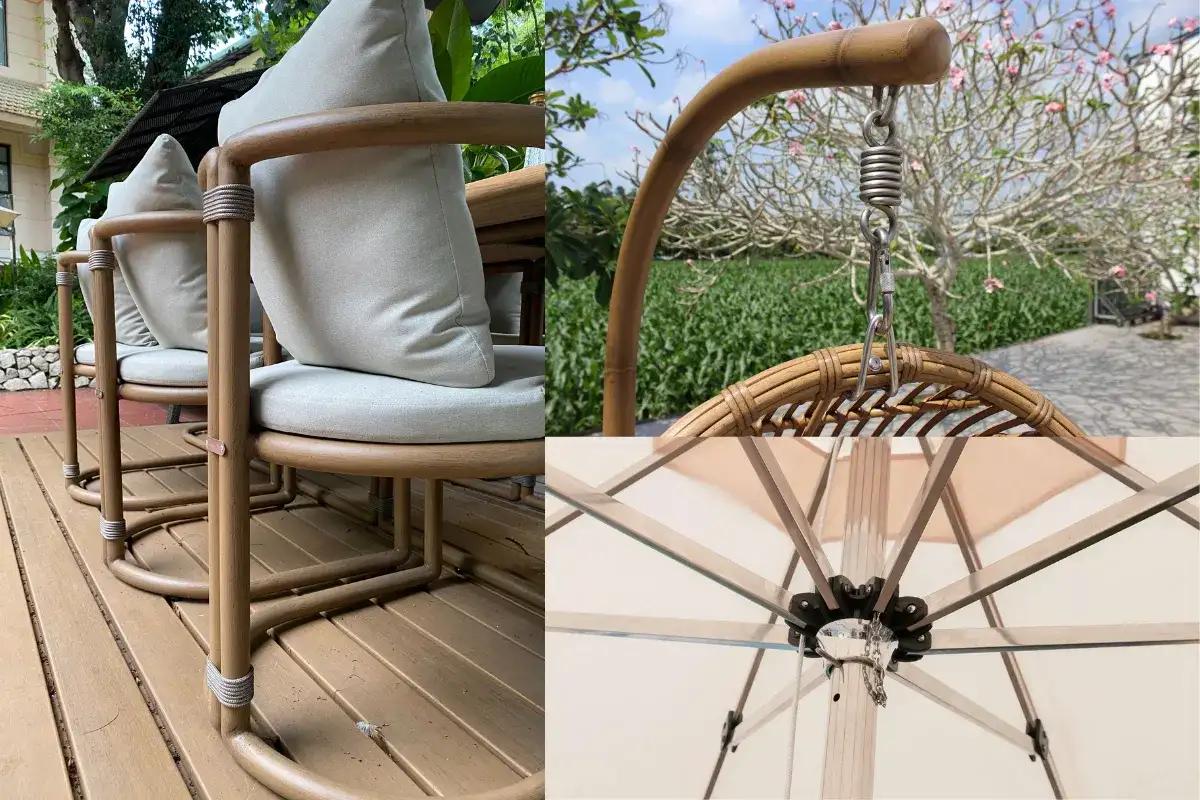 Powder-coated aluminum frame and structural details of outdoor furniture