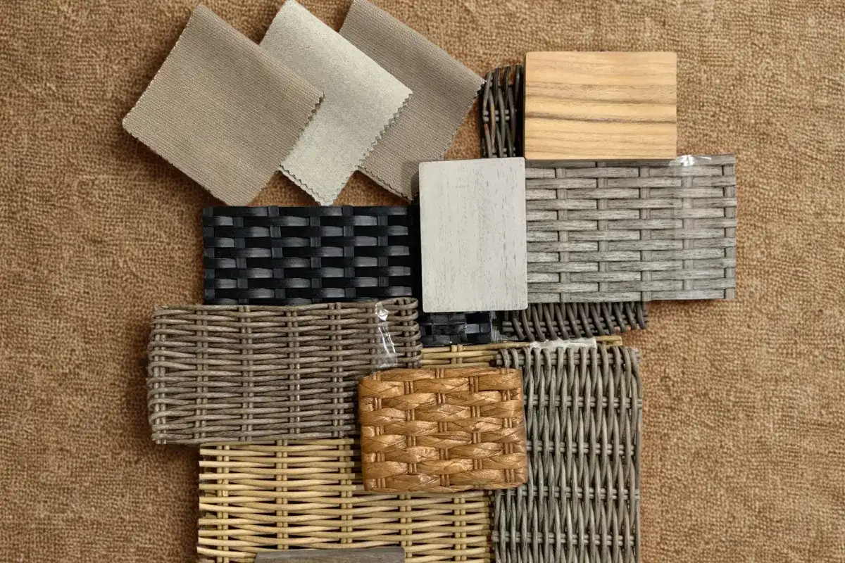 HDPE wicker, aluminum, wood, and outdoor fabric samples for material evaluation