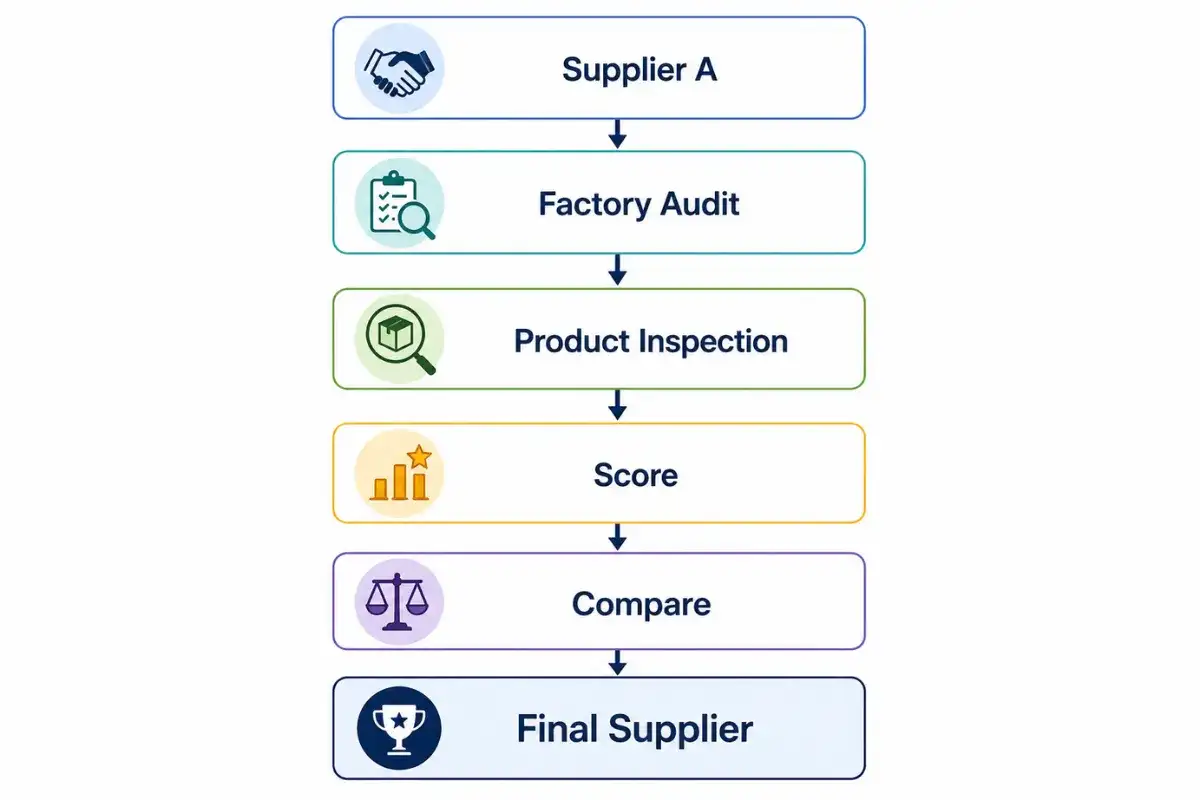 Supplier evaluation workflow using a standardized outdoor furniture checklist