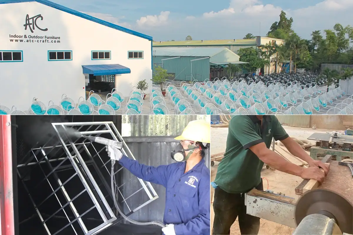 Xưởng sản xuất nội thất với công nhân đang gia công và sơn khung sản phẩm