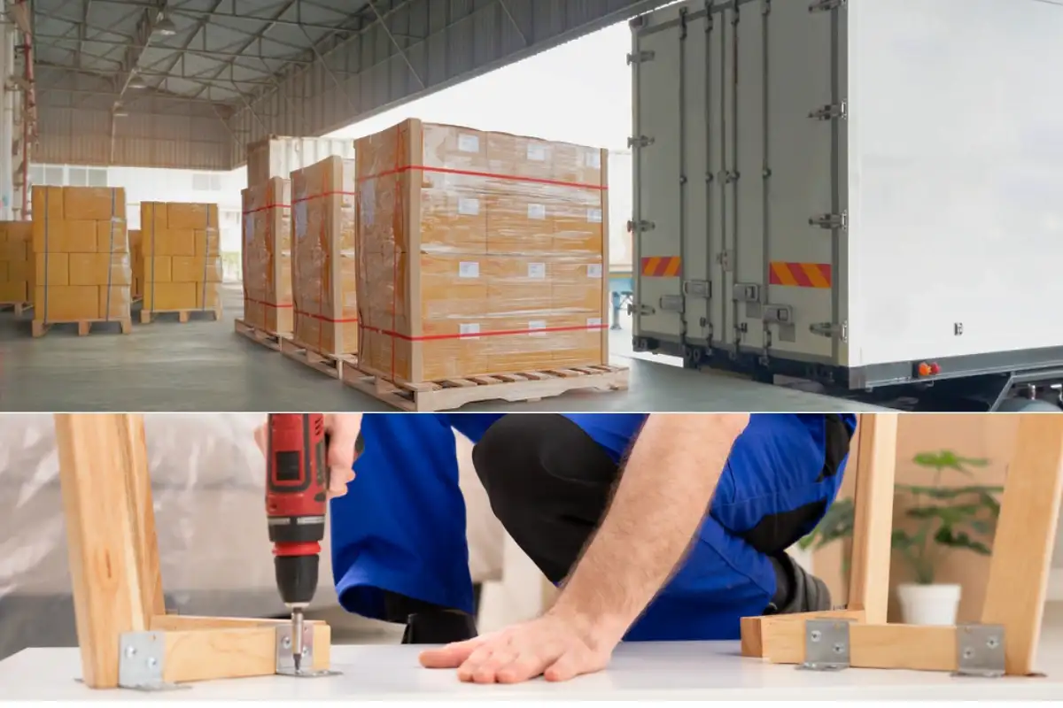 Các kiện nội thất chuẩn bị lên xe tải và thợ kỹ thuật đang lắp ráp sản phẩm, thể hiện dịch vụ vận chuyển và hậu mãi chuyên nghiệp.