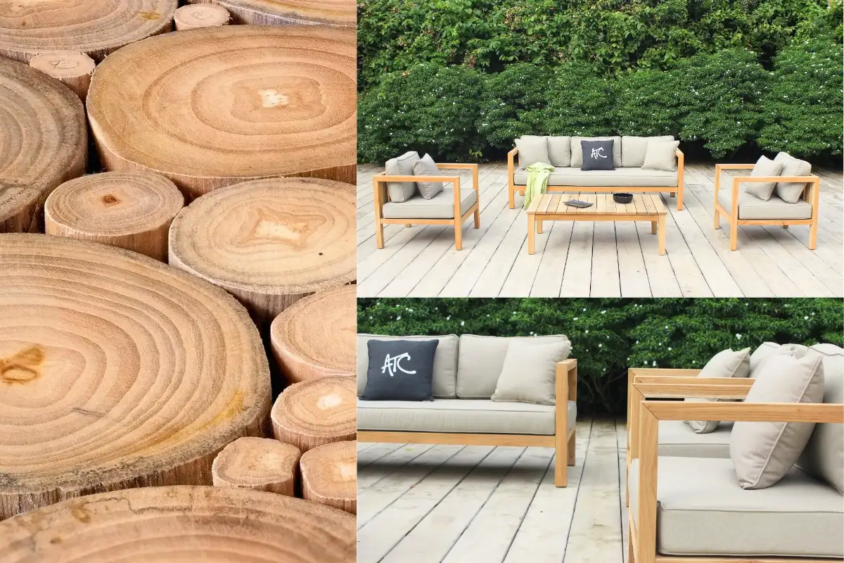 Bàn ghế gỗ teak ngoài trời với thiết kế tối giản, kết hợp nệm vải trung tính, đặt trong không gian sân vườn xanh mát