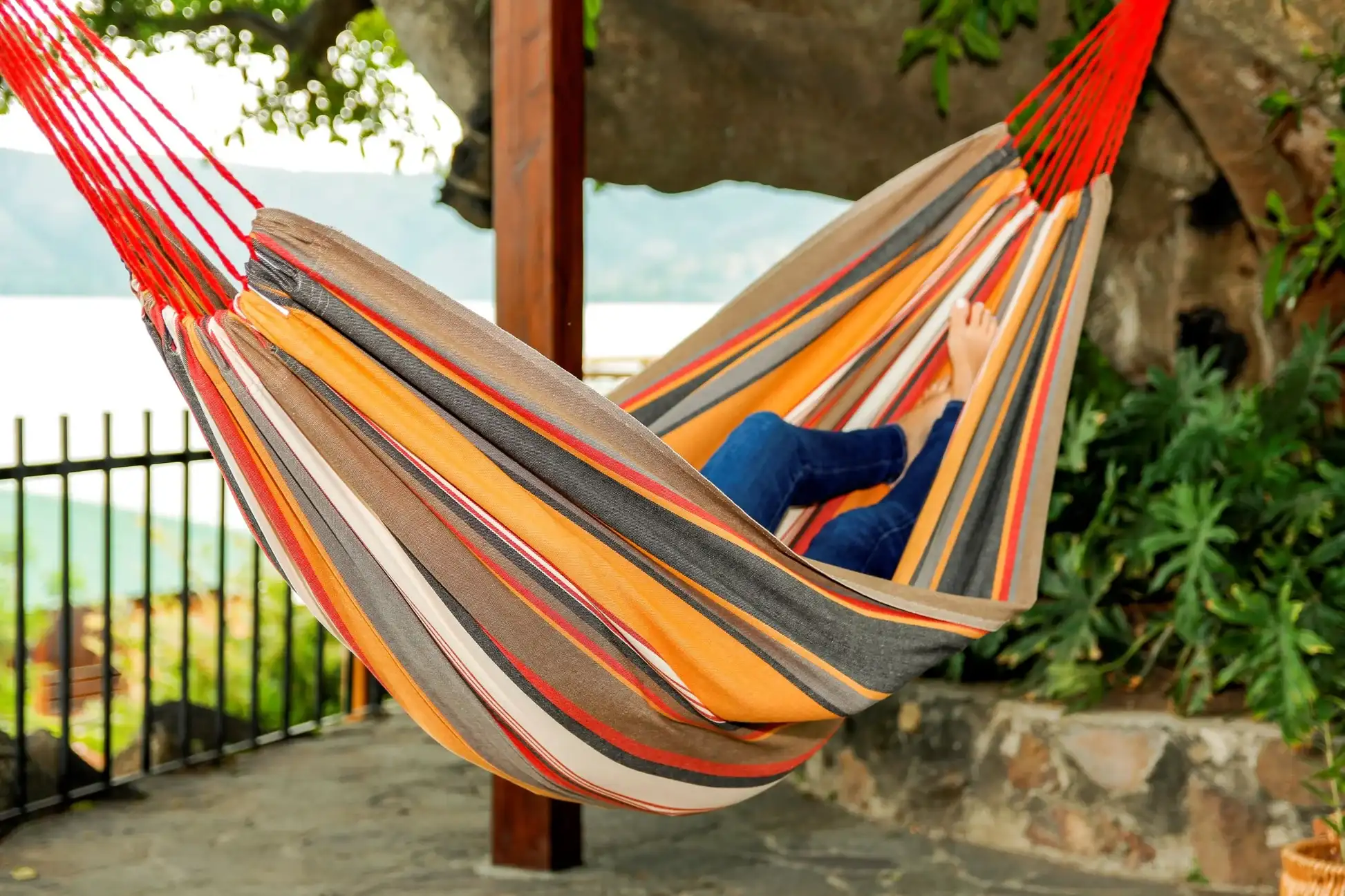 Colorful outdoor hammock offering ultimate comfort.