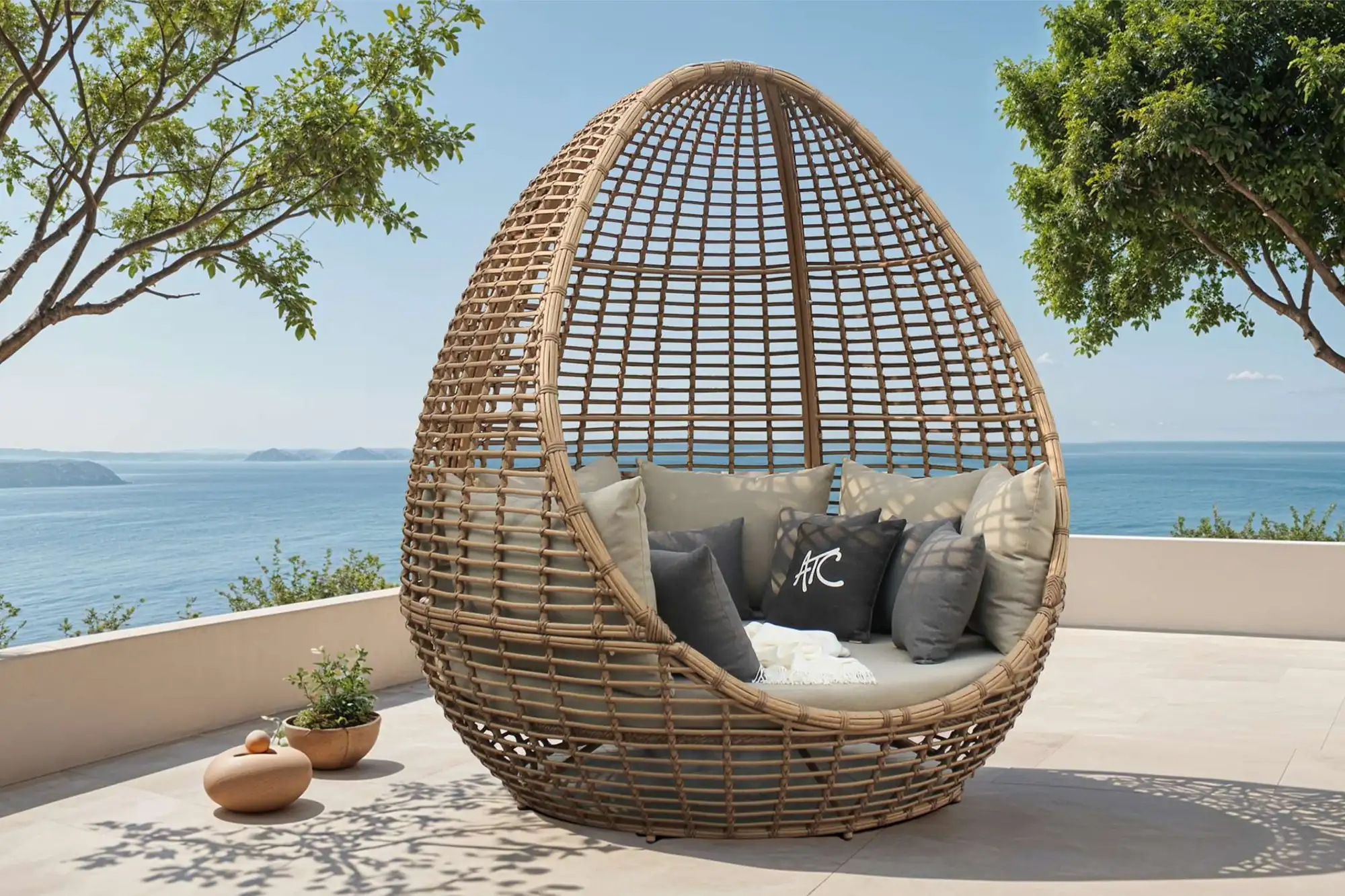 Egg chair wicker enhancing space while providing a place to unwind.