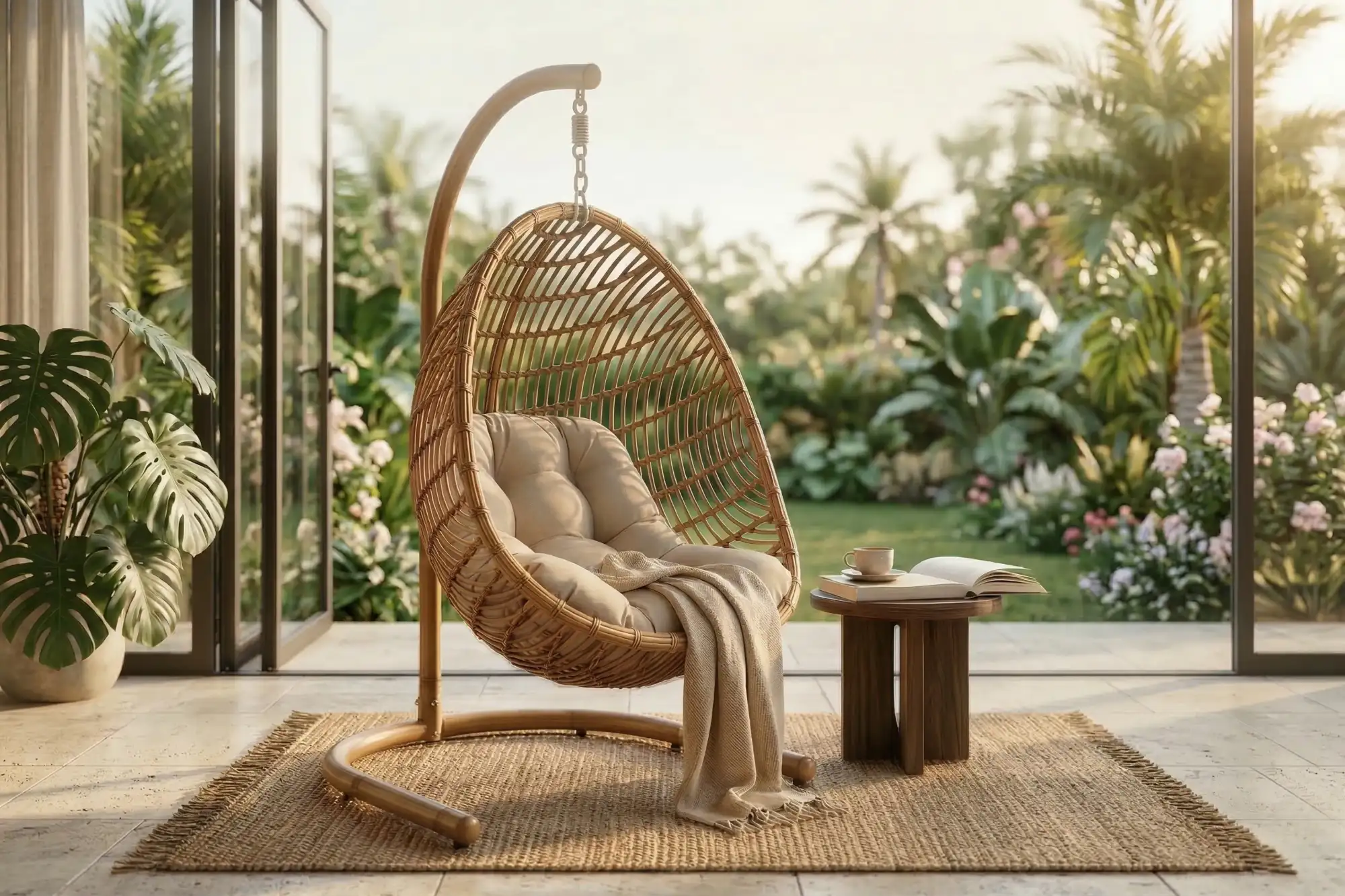Hanging wicker egg chair: The perfect choice for relaxation spaces.