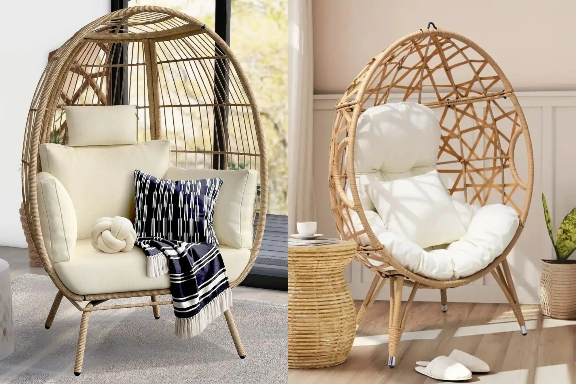Egg chair wicker with legs, featuring white cushions, decorative pillows, and a knot pillow.