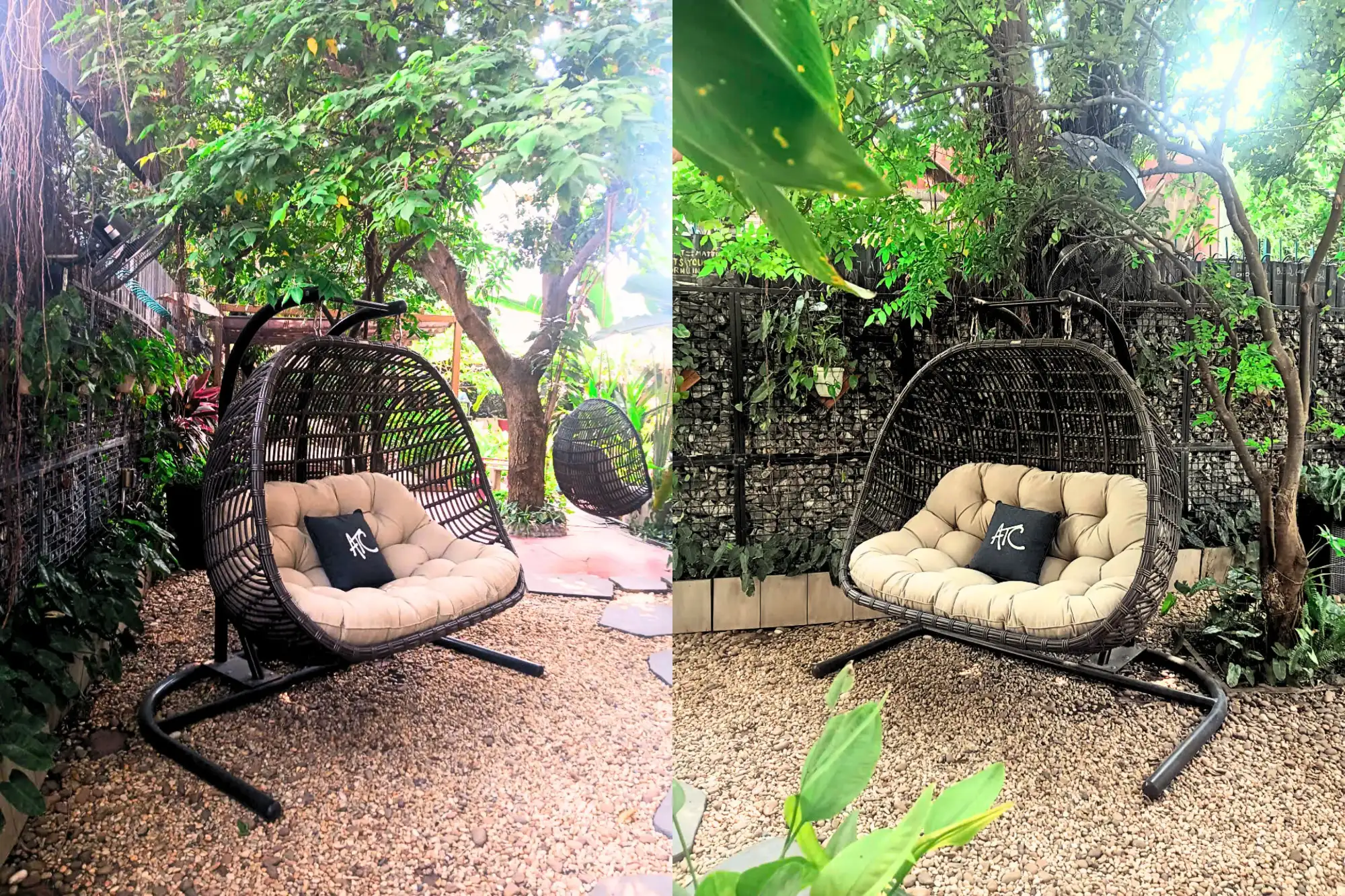 Wicker egg chair: A blend of garden architecture and outdoor-ready materials.