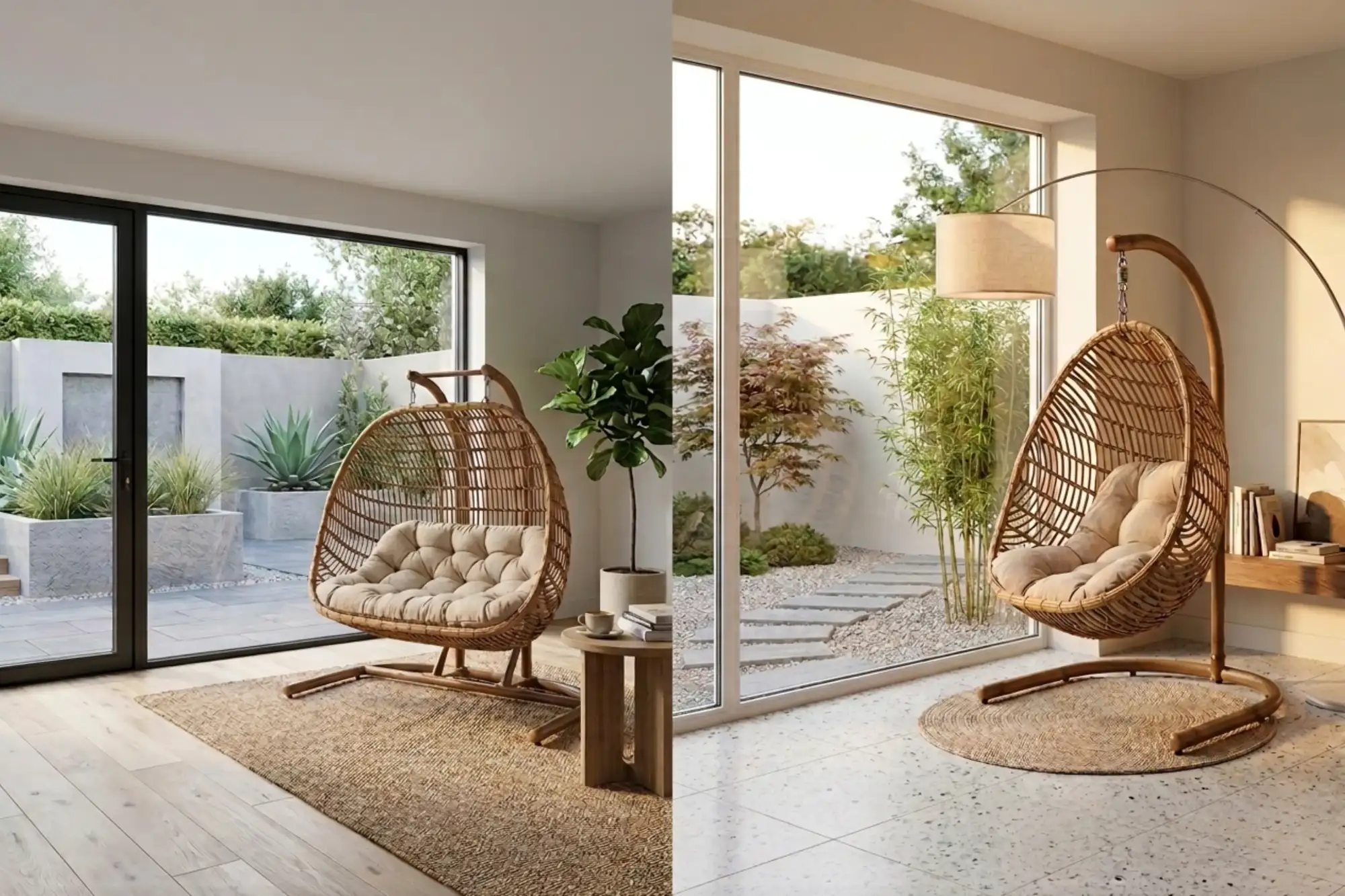 Wicker swing chair as a highlight for indoor spaces.