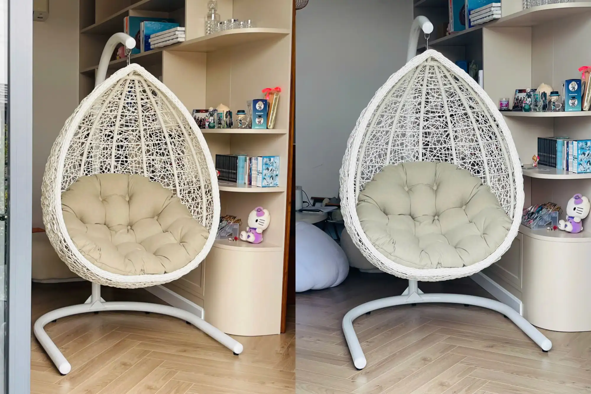 White hanging wicker egg chair with cream cushions in a reading corner next to a bookshelf.