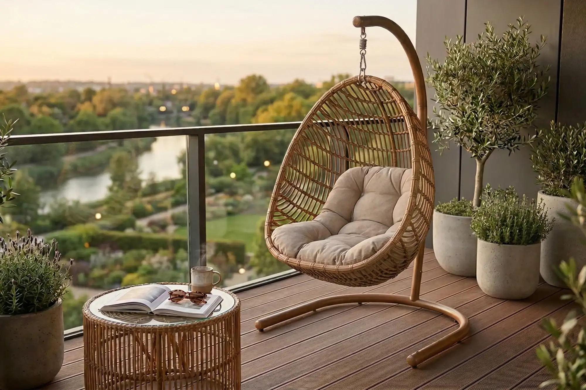 Rooftop/balcony with a wicker swing where you can look out over the horizon.