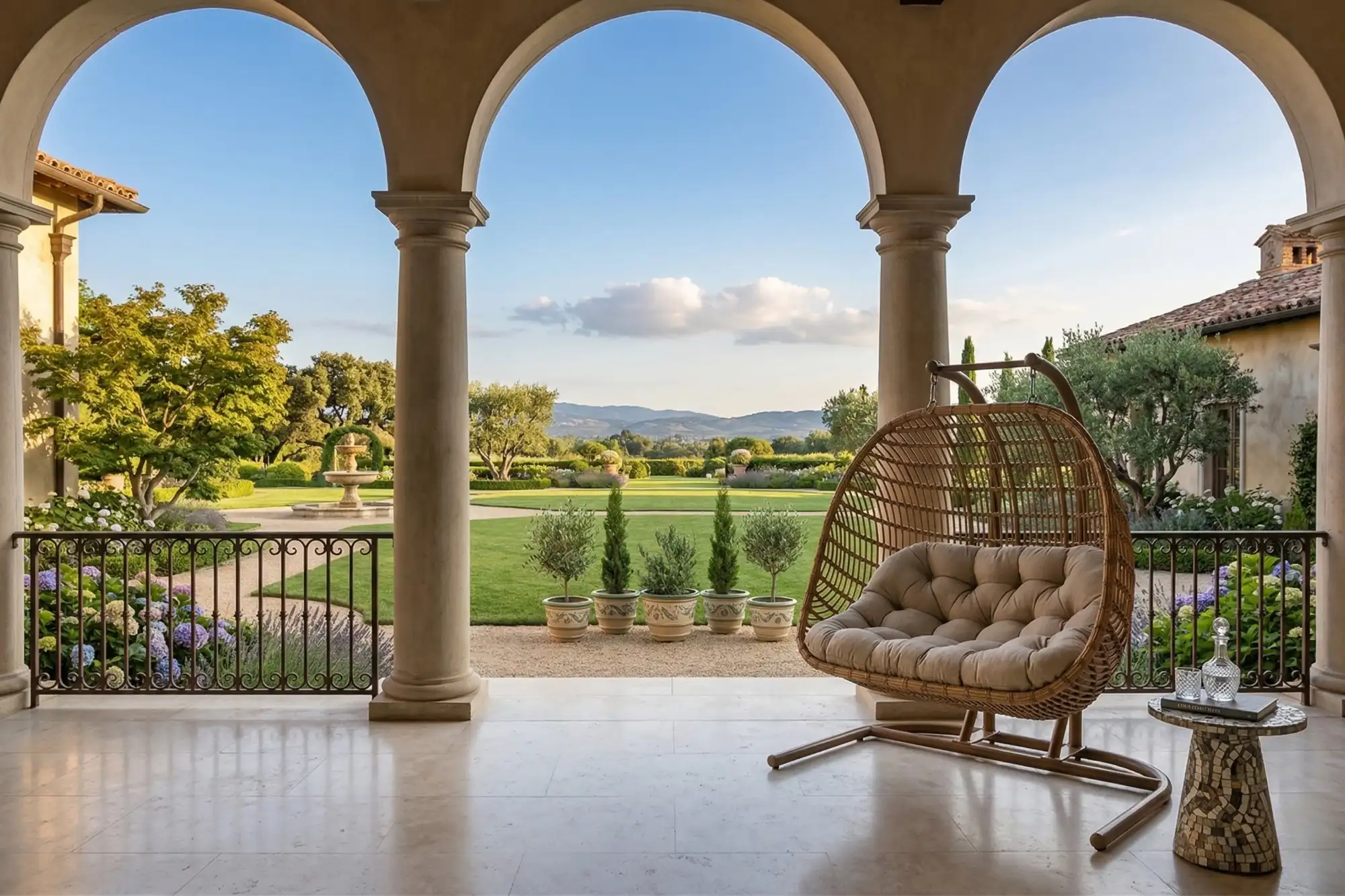A double swing chair placed on the porch overlooking the garden.