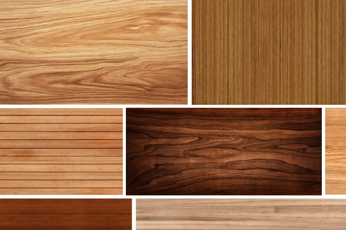 Different shades and grain patterns of teak wood showcasing its natural beauty and durability.  
