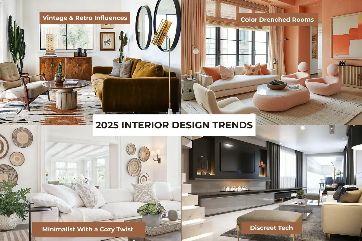 2025 hotel furniture design trends featuring vintage, color-rich, minimalist, and tech-inspired interiors.  