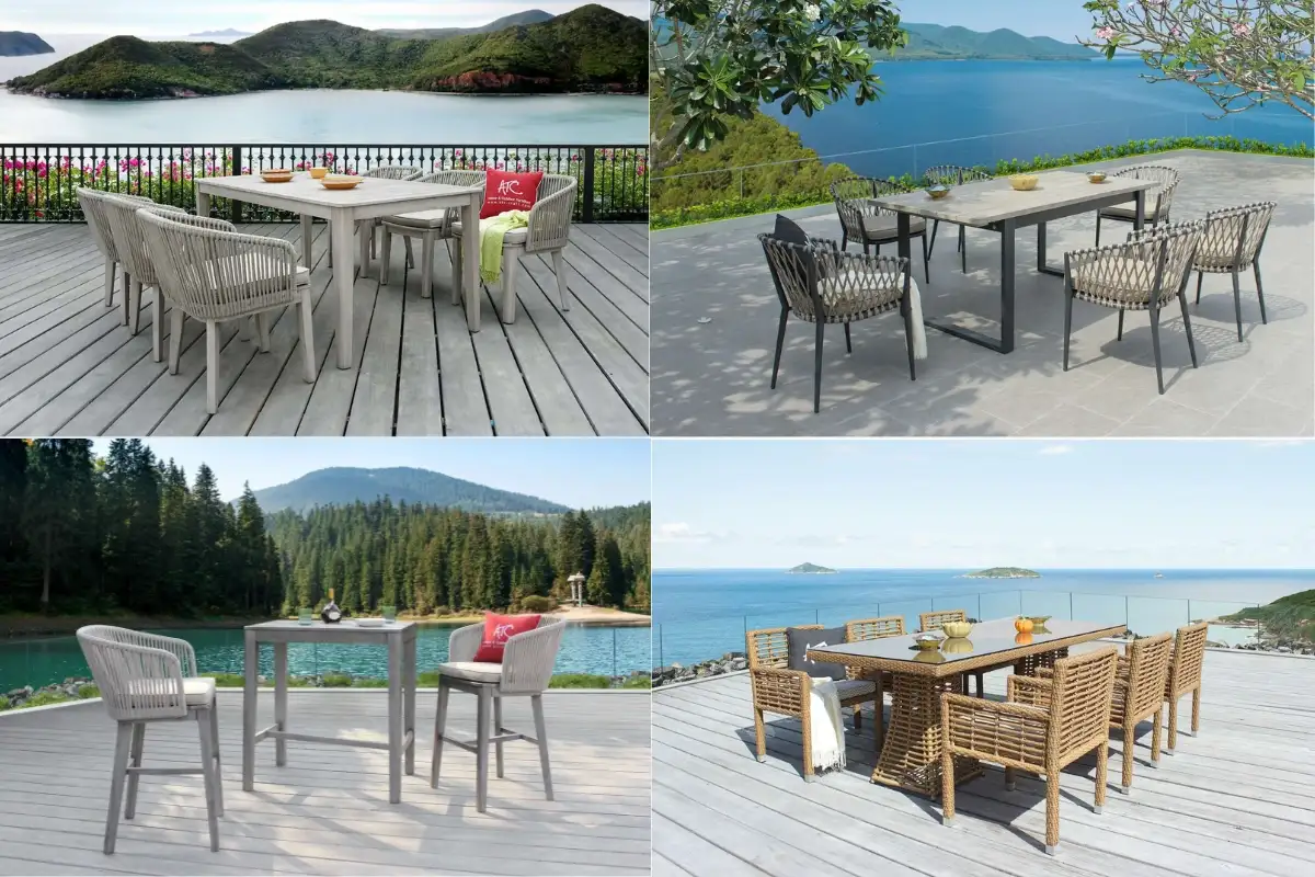 Outdoor dining sets for hotels with woven chairs and sturdy tables, placed on terraces overlooking scenic landscapes.   