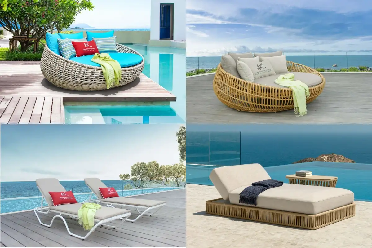 Luxury poolside loungers and daybeds with cushions, designed for hotel outdoor pools and resort terraces.  