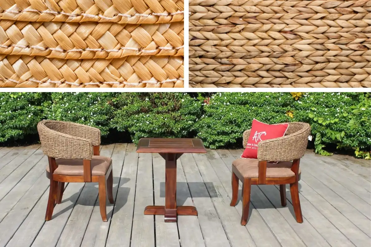 Đồ nội thất mây lục bình và chi tiết đan lát, giới thiệu vật liệu thủ công, thân thiện với môi trường cho việc trưng bày bán lẻ bền vững.