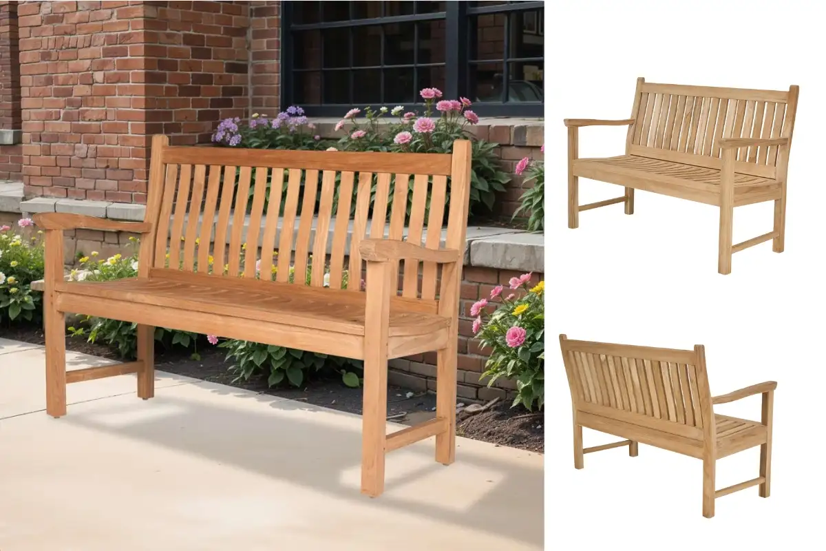 Ghế dài bằng gỗ được đặt bên ngoài một tòa nhà gạch, minh họa chỗ ngồi chắc chắn cho phòng thử đồ hoặc không gian bán lẻ.