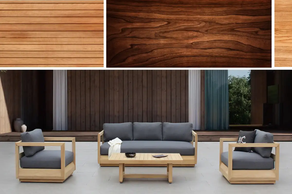 Bộ đồ nội thất bằng gỗ với lớp hoàn thiện vân gỗ tự nhiên, thể hiện sự ấm áp và sức hấp dẫn cao cấp của gỗ acacia và teak cho không gian bán lẻ.