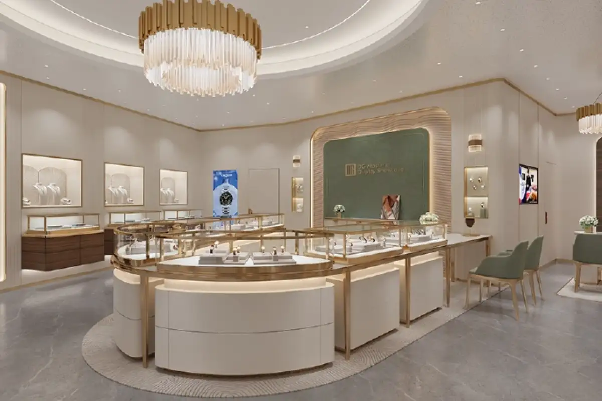 Cửa hàng trang sức cao cấp với tủ trưng bày được chiếu sáng và cách lắp đặt ánh sáng trang nhã làm nổi bật các mặt hàng cao cấp.