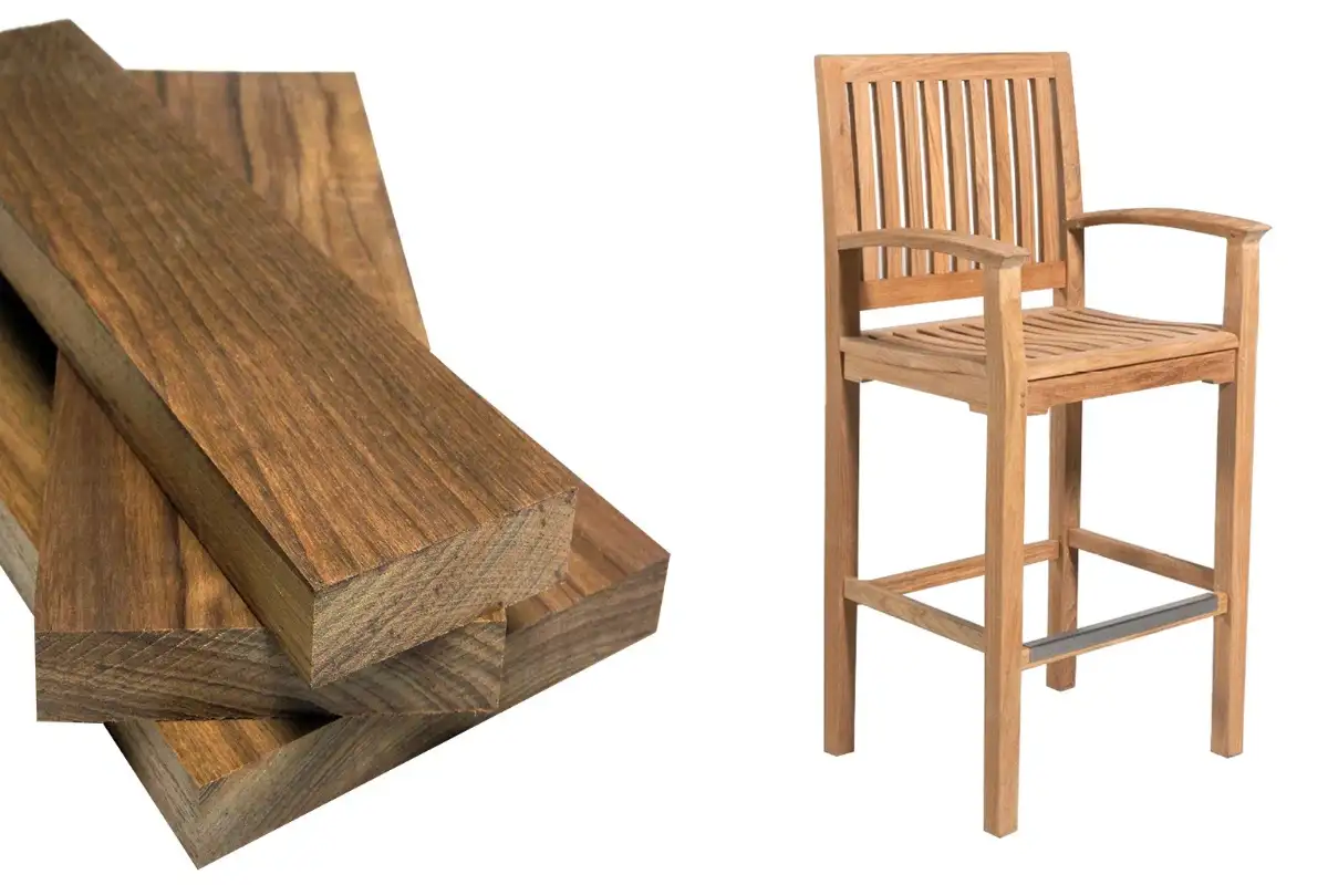 Teak wood planks and a finished teak bar chair, showcasing the material's durability and fine grain for outdoor furniture use.