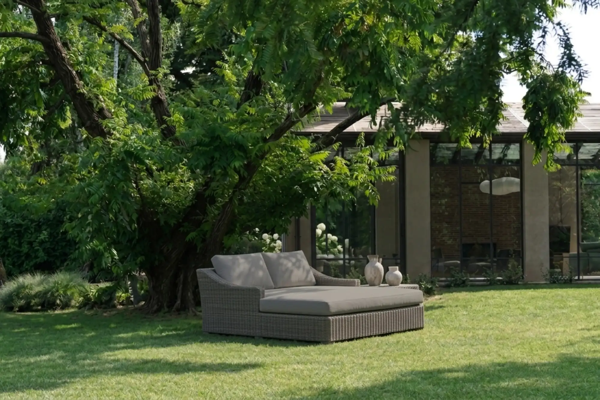 Ghế sofa giường mây nhựa cao cấp đặt dưới tán cây xanh trong sân vườn biệt thự hiện đại.
