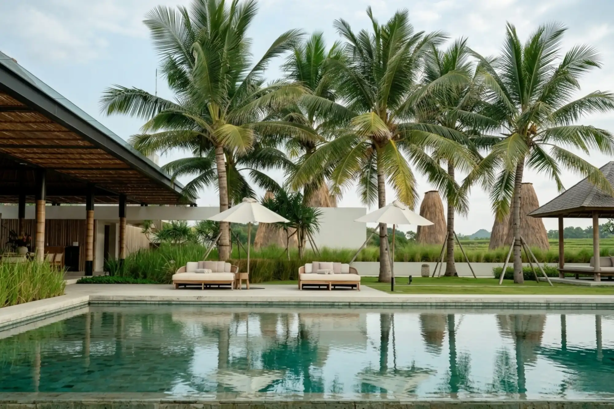 Hình ảnh chiếc ghế tắm nắng đôi biến nhà ở thành resort sang trọng.