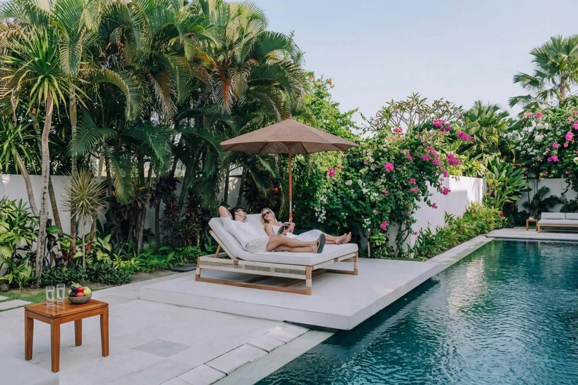 Synthetic rattan double sun lounger with a spacious area.