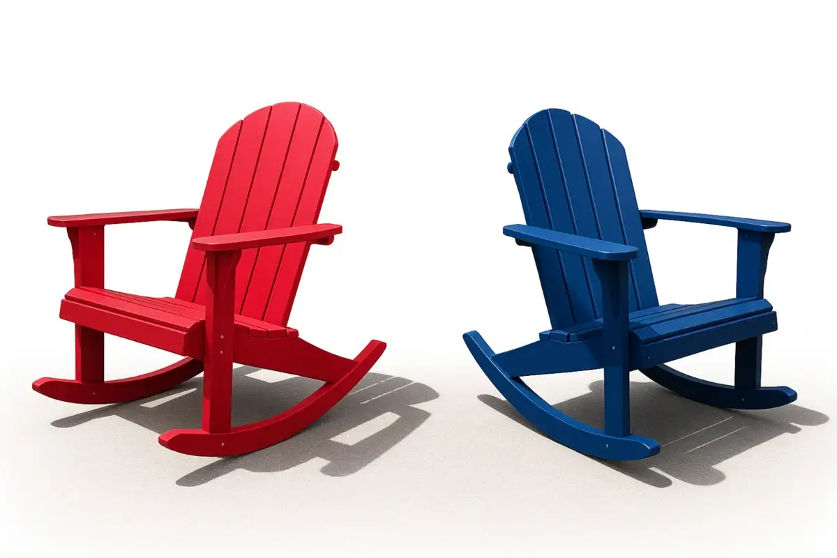 Red and blue rocking Adirondack chairs with curved rockers, designed for outdoor relaxation.  