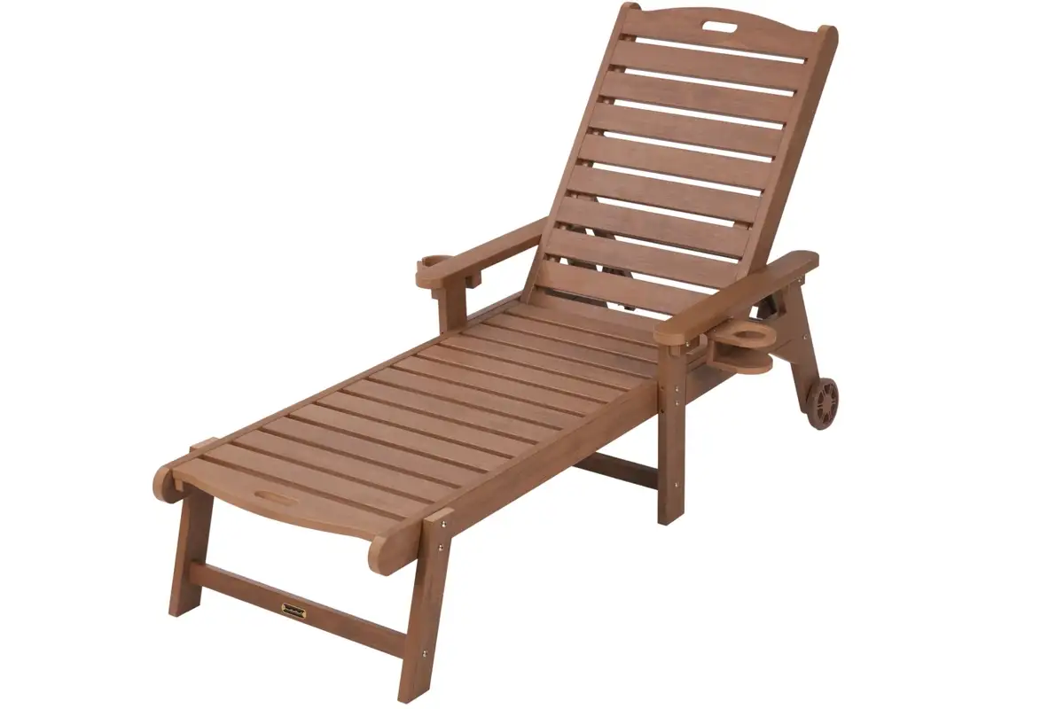 Wooden Adirondack lounge chair with extended leg rest and wheels, designed for outdoor relaxation.  