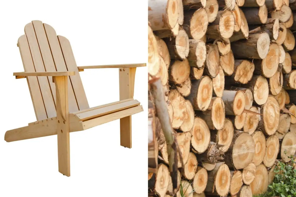 Wooden Adirondack chair beside stacked logs, showcasing natural materials used for outdoor furniture.  